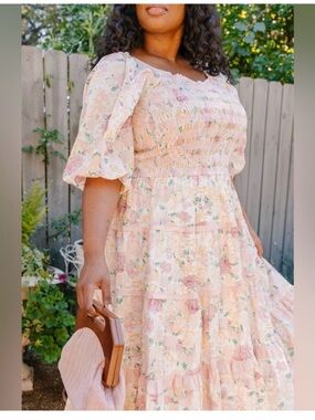 IVY CITY Rosalyn Dress . Smocked Floral Tiered Dress in Pastel Pink and Cream